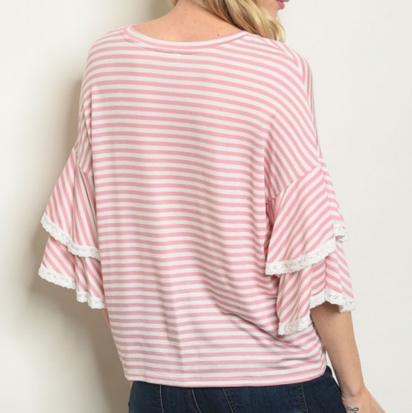 Pink and white striped ruffle bell sleeve top - Picture 3 of 3